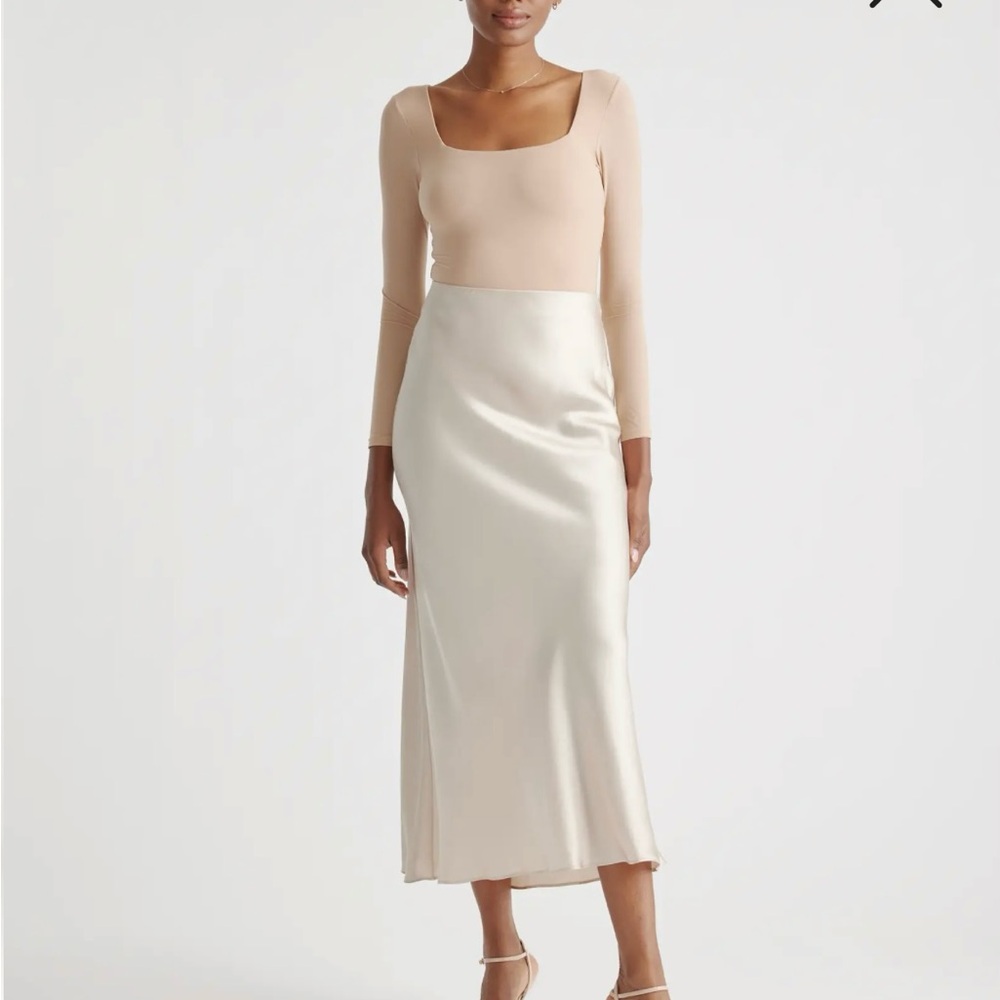 Quince Women’s 100% Washable Silk Cream Maxi Above Ankle Slip Skirt Resort Wear